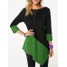 Casual Women Patchwork Crew Neck 3/4 Sleeve Irregular Hem Blouse