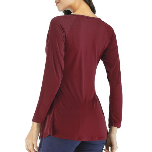 Casual Women Long Sleeve V Neck Pleated Solid Color T-shirts