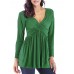 Casual Women Long Sleeve V Neck Pleated Solid Color T-shirts