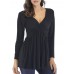 Casual Women Long Sleeve V Neck Pleated Solid Color T-shirts