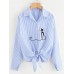 Women Casual Turn Down Collar Cat Print Hem Lace Long Sleeve Shirts