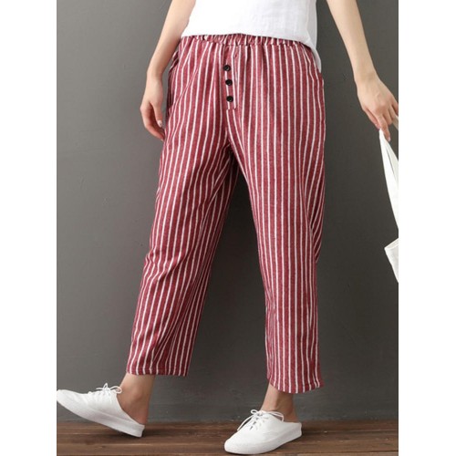 Women Casual Cotton Linen Elastic Waist Loose Striped Pants