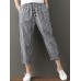 Women Casual Cotton Linen Elastic Waist Loose Striped Pants