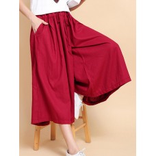 Women Wide Leg Solid Color Cotton Linen Elastic Waist Pants