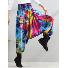 Retro Women Color-block Folk Style Elastic Waist Pants