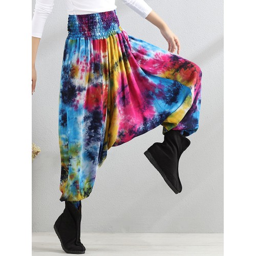 Retro Women Color-block Folk Style Elastic Waist Pants