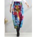 Retro Women Color-block Folk Style Elastic Waist Pants