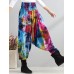 Retro Women Color-block Folk Style Elastic Waist Pants