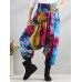 Retro Women Color-block Folk Style Elastic Waist Pants