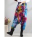 Retro Women Color-block Folk Style Elastic Waist Pants