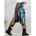 Retro Women Color-block Folk Style Elastic Waist Pants