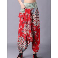 Retro Women Folk Style Print Elastic Waist Pants