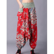 Retro Women Folk Style Print Elastic Waist Pants