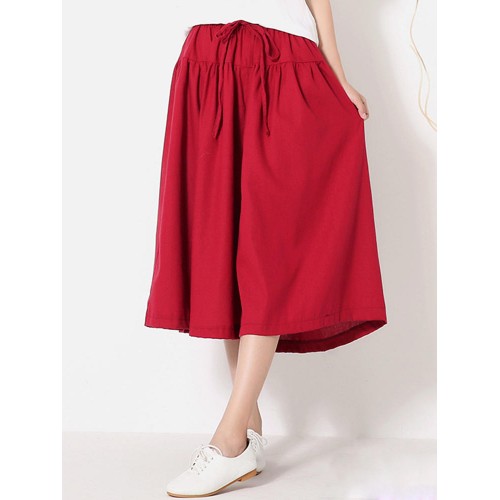 Wide Leg Women Pure Color Cotton Linen Elastic Waist Pants