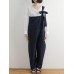 Women Japanese Style Cotton Linen Bow Shoulder Trouser Pants