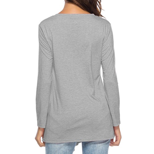 Women Long Sleeve Button Pure Color Irregular T-shirts