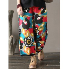 Women Floral Print Elastic Waist Thicken Cotton Vintage Pants