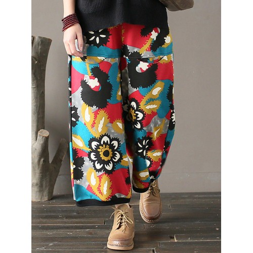 Women Floral Print Elastic Waist Thicken Cotton Vintage Pants