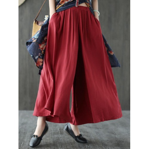 Women Solid Color Elastic Waist Casual Loose Pants