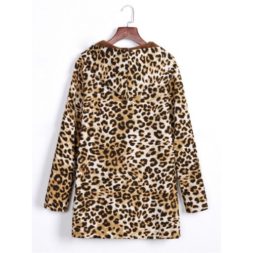 Women Long Sleeve Zipper Plush Retro Leopard Print Hooded Coats