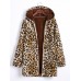 Women Long Sleeve Zipper Plush Retro Leopard Print Hooded Coats