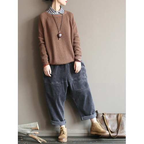 M-5XL Women Loose Pure Color Elastic Waist Corduroy Pants