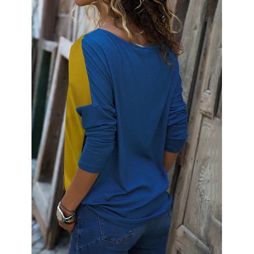 Women Casual Round Neck Splicing Color Long Sleeve T-shirts