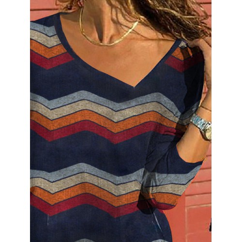 Geometric Print V Neck Long Sleeve Casual Women T-shirts