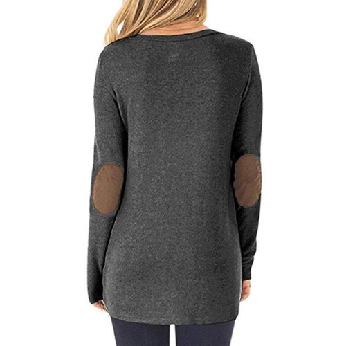 Women Long Sleeve Round Neck Button Side Loose Casual T-shirts