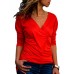 Casual Women V-neck Long Sleeve Pleated T-shirts