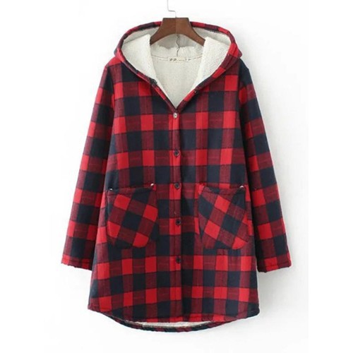 Women Casual Button Hooded Plaid Coats with Pocket