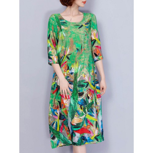 Women Elegant Art Print 3/4 Sleeve Loose Dress