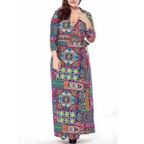 Plus Size Vintage Printed V-neck 3/4 Sleeve Maxi Dress