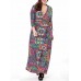 Plus Size Vintage Printed V-neck 3/4 Sleeve Maxi Dress