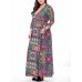 Plus Size Vintage Printed V-neck 3/4 Sleeve Maxi Dress