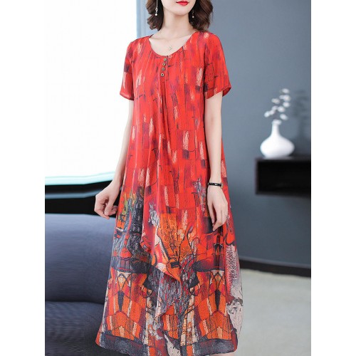 Plus Size Art Print Short Sleeve Elegant Women Dress